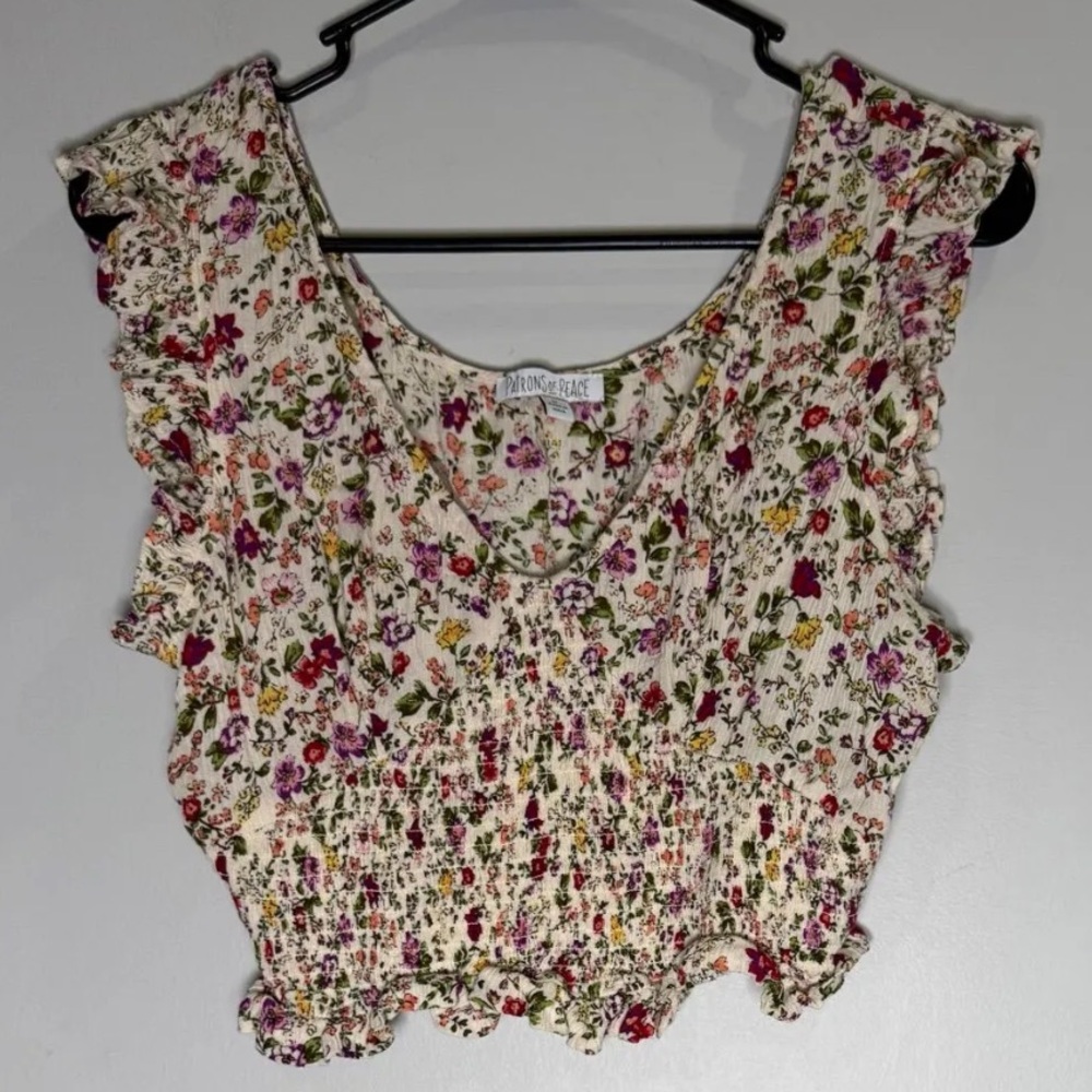 Patrons of Peace Floral Ruffle Smocked Crop Top Medium